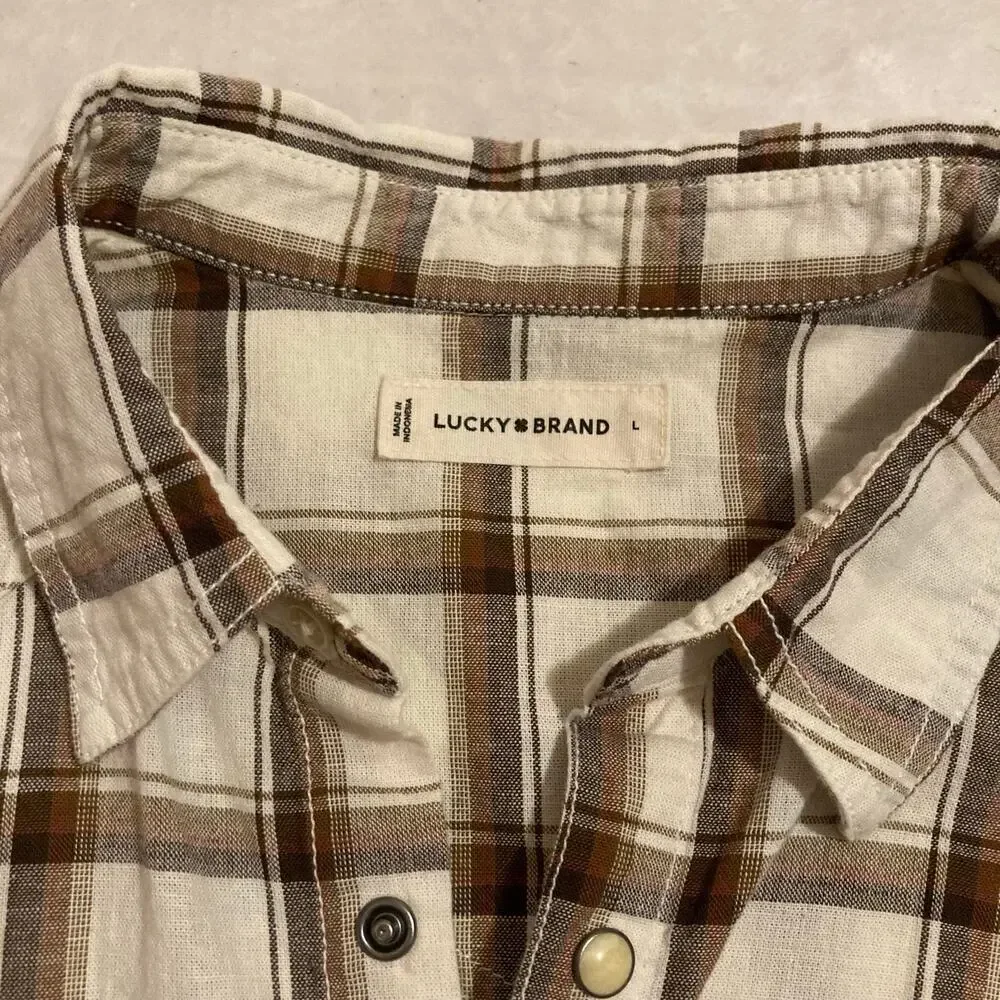 Lucky Brand Men's Brown and Cream Plaid Button Up Flannel Shirt Size Large